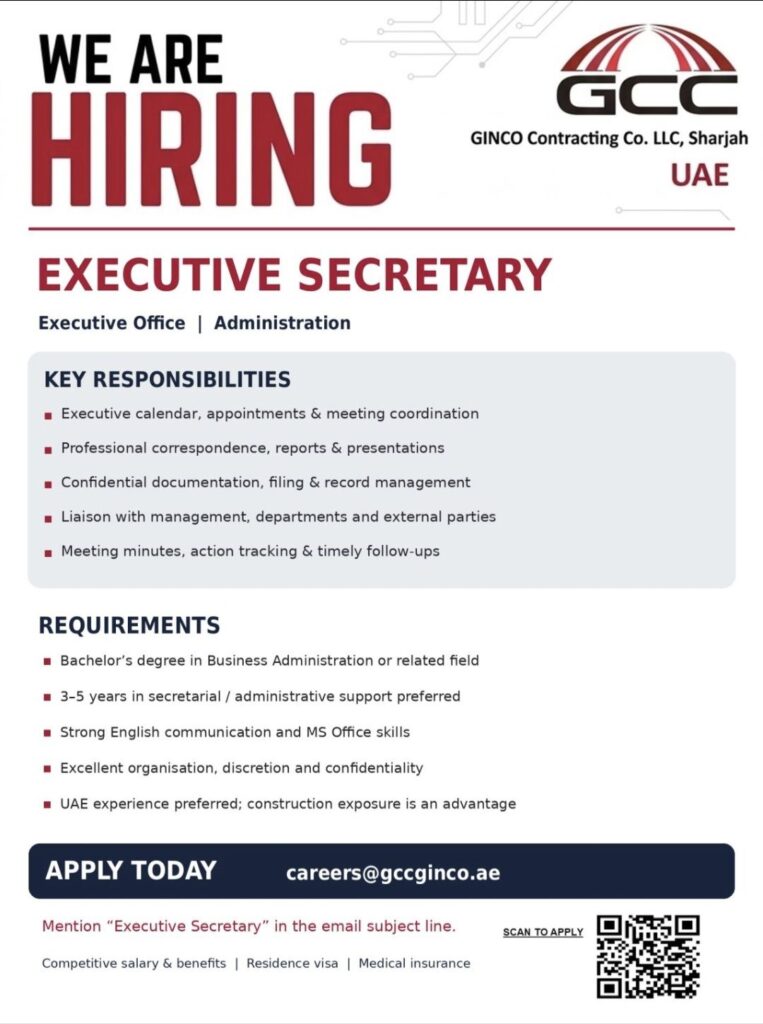 GINCO Contracting Co. LLC, Sharjah, UAE Recruitment– Executive Secretary