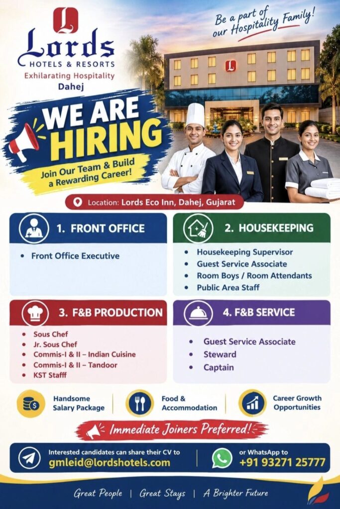 Lords Hotels & Resorts Recruitment: Multiple Job Vacancies at Dahej, Gujarat