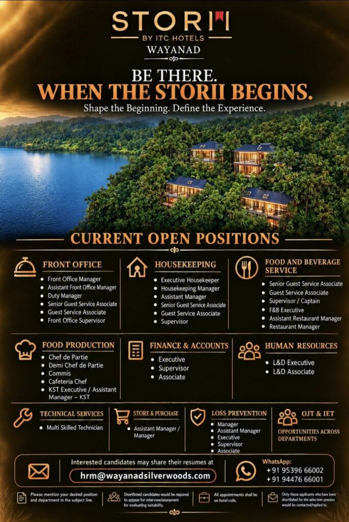 Storii by ITC Hotels Wayanad Recruitment: Current Job Openings Across Multiple Departments