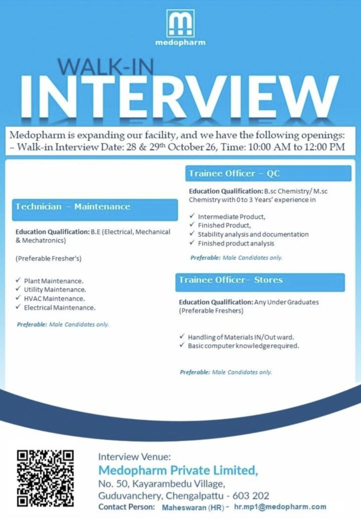Medopharm Private Limited Walk-In Interview– QC, Maintenance and Stores Vacancies