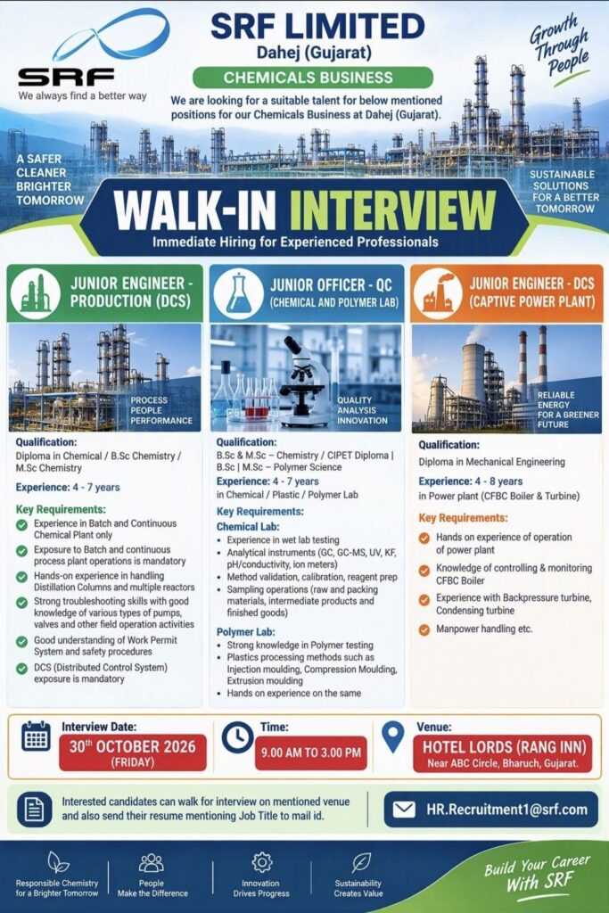 SRF Limited Recruitment: Walk-In Interview for Junior Engineer and Junior Officer Positions in Dahej, Gujarat