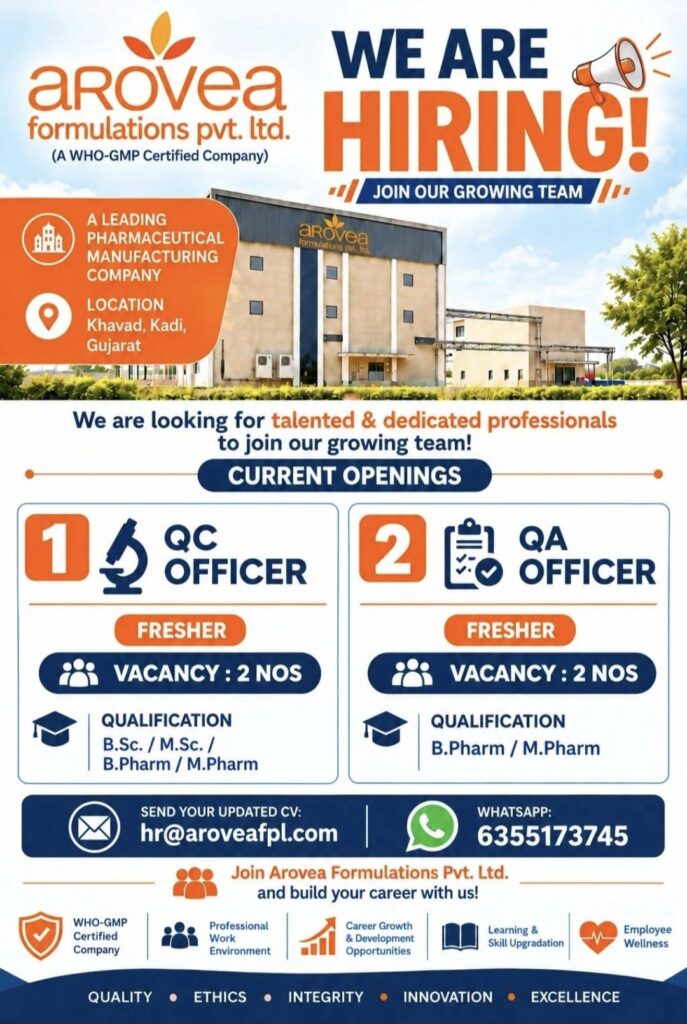 Arovea Formulations Pvt. Ltd. Recruitment: QC Officer and QA Officer Vacancies for Freshers