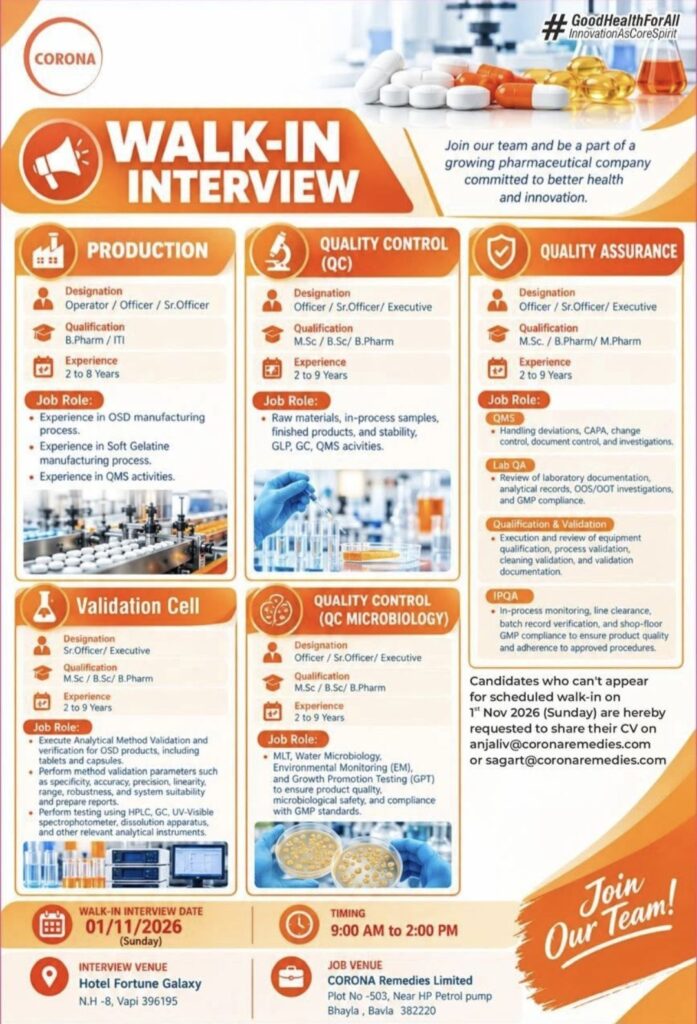 CORONA Remedies Limited Walk-In Interview | Production, QC, QA & Validation Jobs