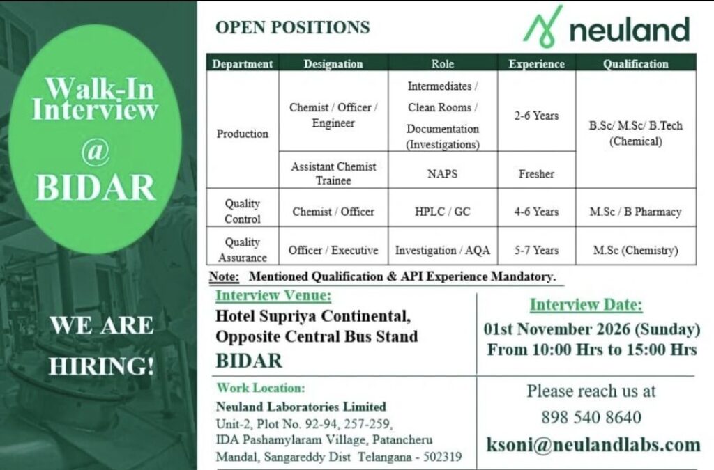 Neuland Laboratories Limited Walk-In Interview– Production, Quality Control and Quality Assurance Jobs