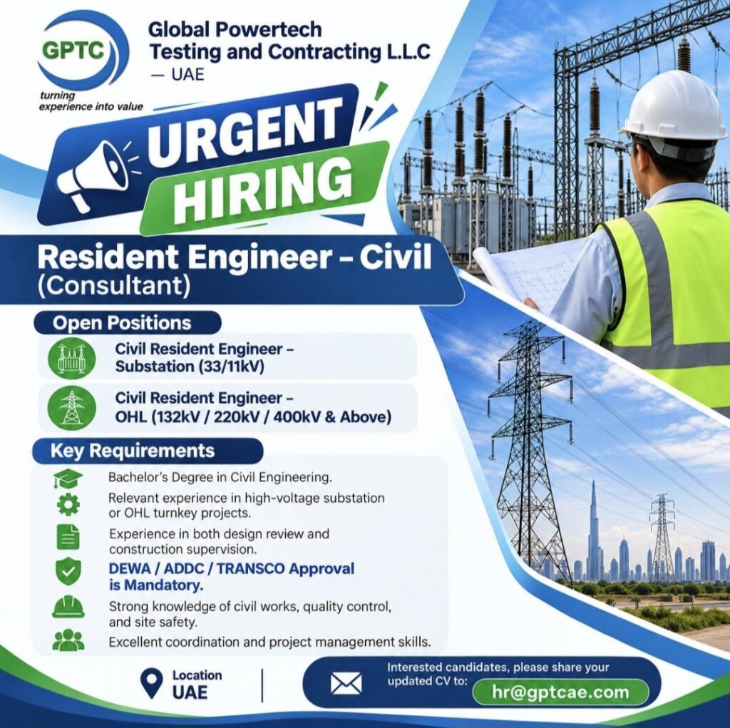 Global Powertech Testing and Contracting L.L.C. UAE Recruitment – Resident Engineer Civil