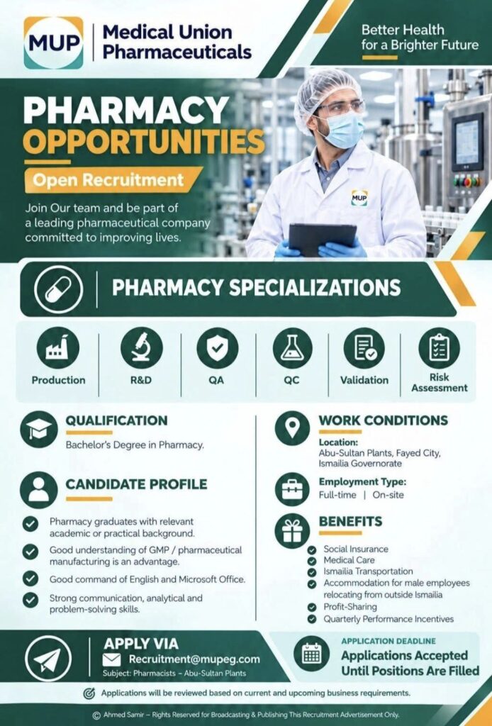 Medical Union Pharmaceuticals Recruitment – Pharmacy Jobs at Abu-Sultan Plants, Egypt