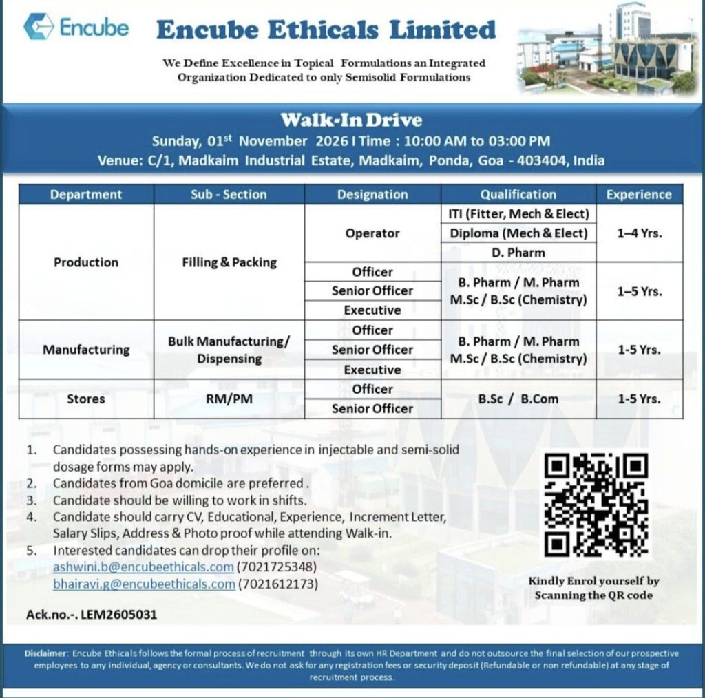 Encube Ethicals Limited Recruitment– Walk-In Drive in Goa