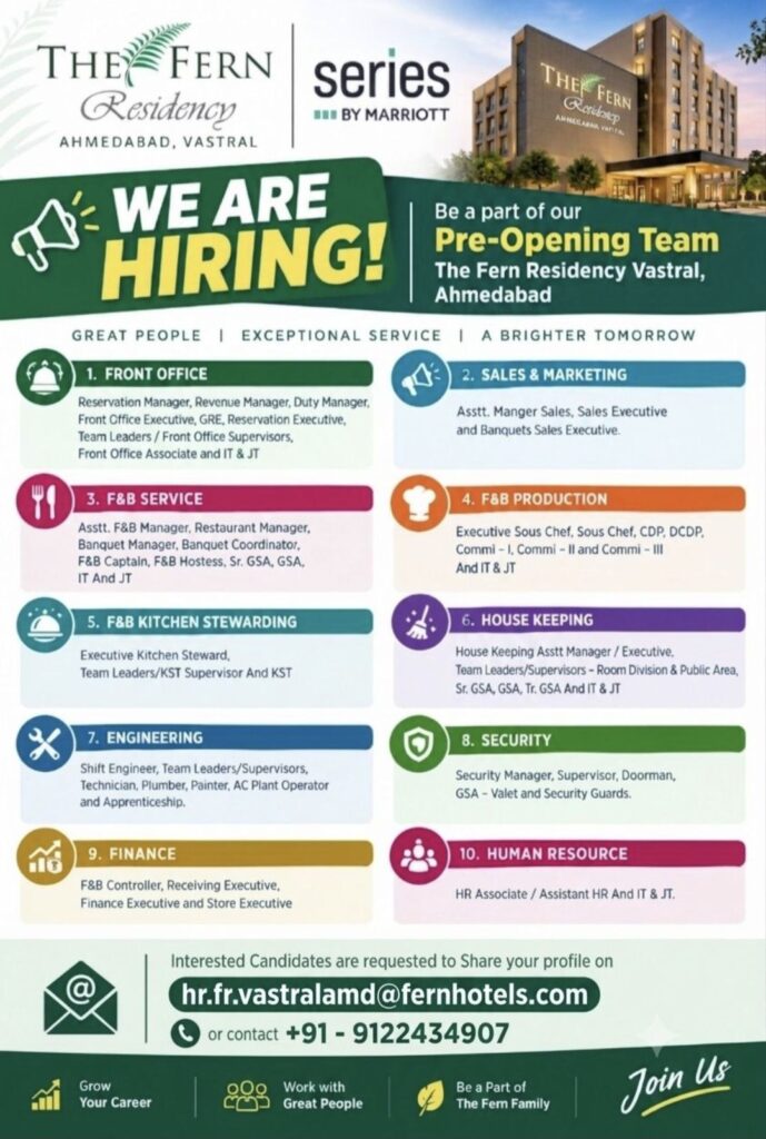 The Fern Residency Vastral, Ahmedabad Recruitment: Multiple Job Vacancies for Pre-Opening Team
