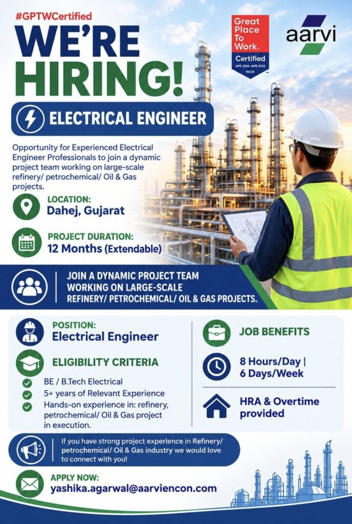Aarvi Encon Recruitment: Electrical Engineer Job Vacancy in Dahej, Gujarat