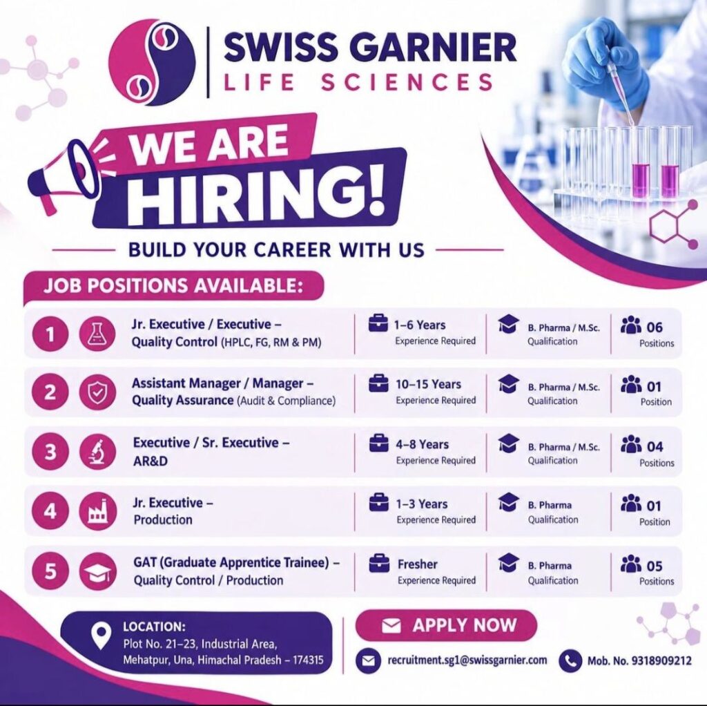 Swiss Garnier Life Sciences Recruitment: QC, QA, R&D, Production and GAT Apprentice Vacancies