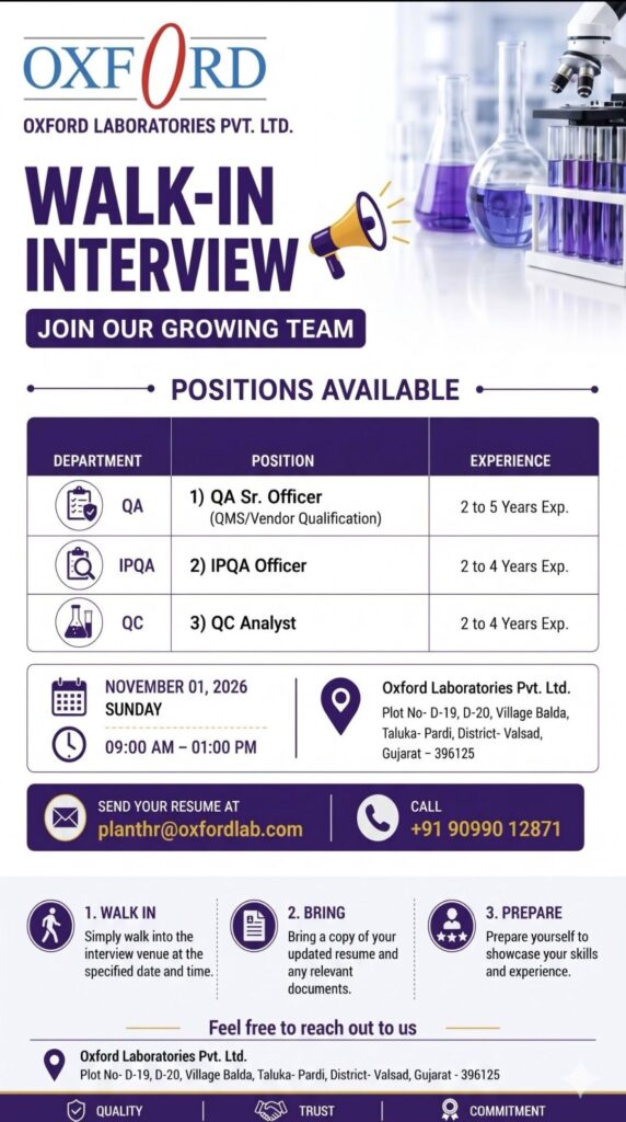 Oxford Laboratories Pvt. Ltd. Recruitment – Walk-In Interview.