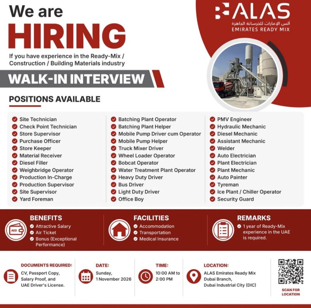 ALAS Emirates Ready Mix Recruitment: Walk-In Interview in Dubai, UAE