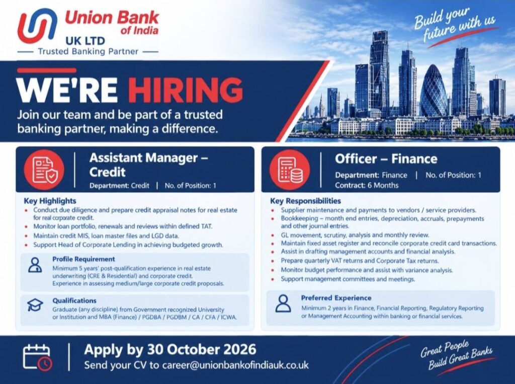 Union Bank of India UK Ltd. Recruitment 2026: Assistant Manager – Credit and Officer – Finance