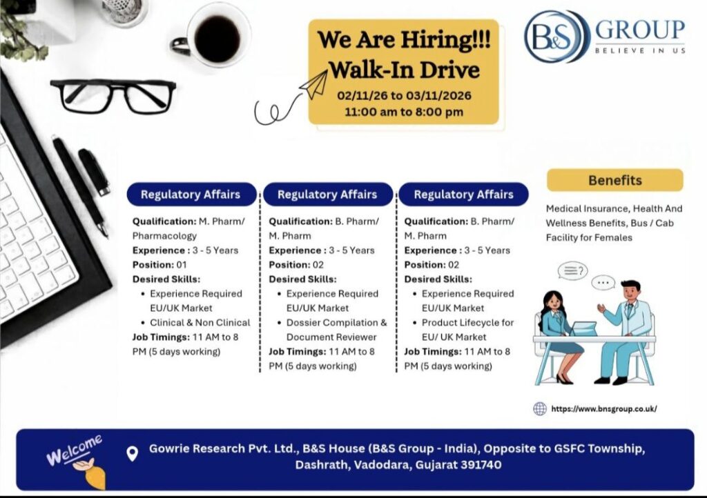 Gowrie Research Pvt. Ltd. (B&S Group) Recruitment: Regulatory Affairs Jobs in Vadodara