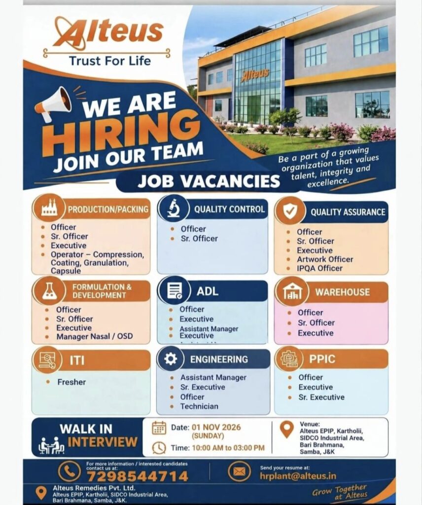 Alteus Remedies Pvt. Ltd. Recruitment– Multiple Job Vacancies | Walk-in Interview on 1 November 2026