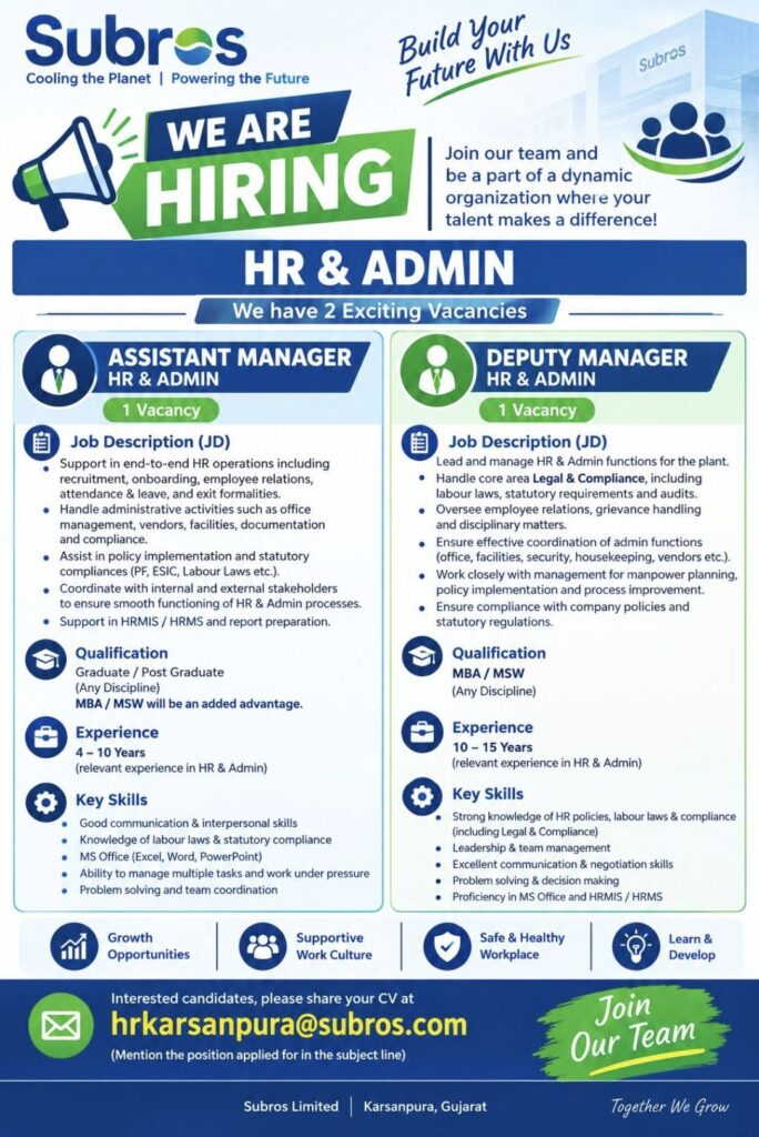 Subros Limited Recruitment: Assistant Manager & Deputy Manager HR & Admin Vacancies