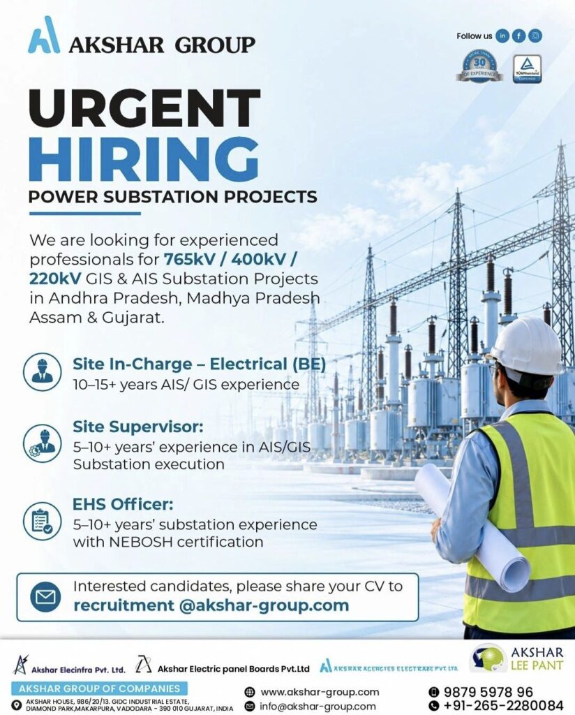 Akshar Group Recruitment: Urgent Hiring for Power Substation Projects – 765kV, 400kV & 220kV