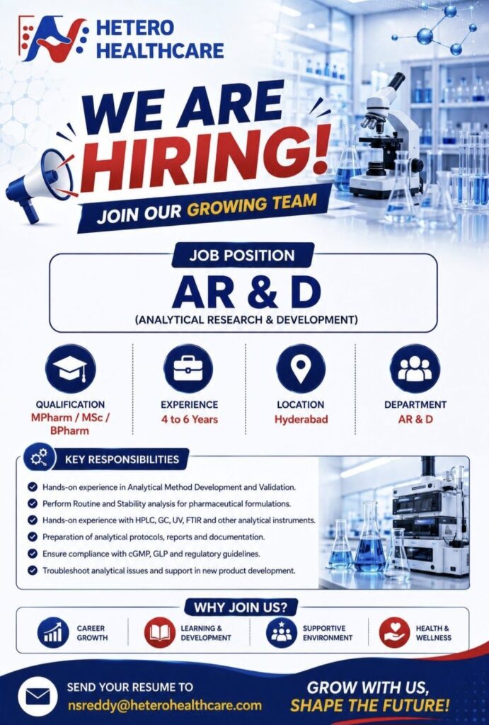 Hetero Healthcare Recruitment– AR&D (Analytical Research & Development) Jobs in Hyderabad