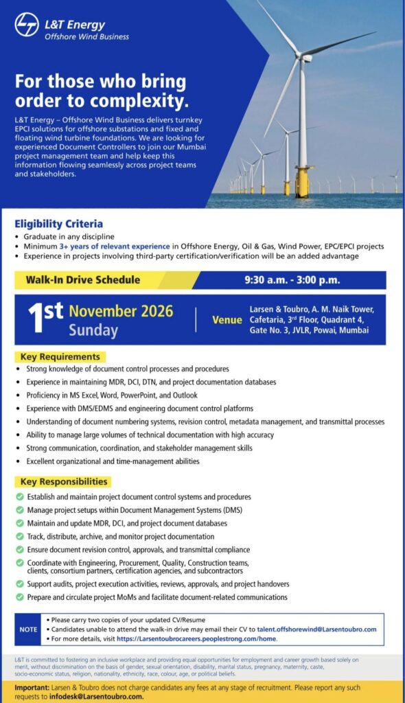 L&T Energy Recruitment: Walk-In Interview for Document Controller – Mumbai