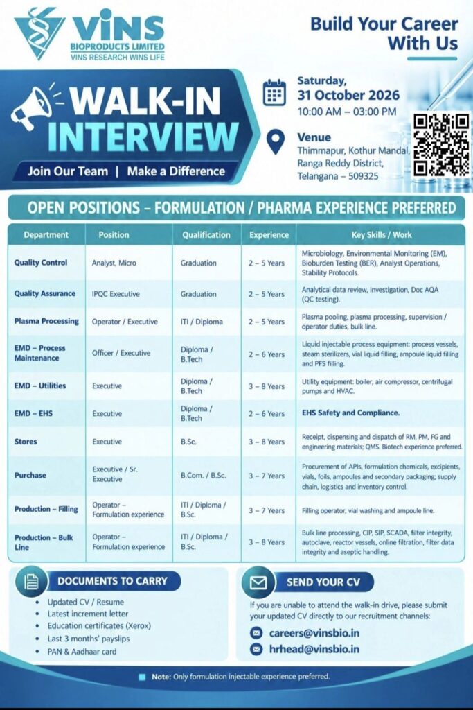 VINS Bioproducts Limited Recruitment – Walk-In Interview for Multiple Departments