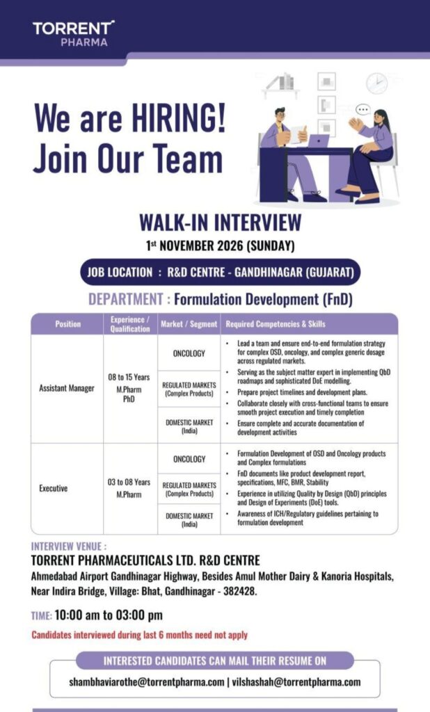 Torrent Pharmaceuticals Ltd. Recruitment– Walk-In Interview for Formulation Development (FnD) Department