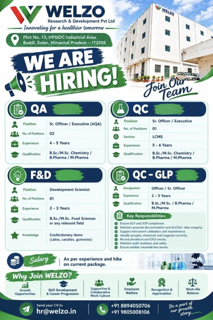 WELZO Research & Development Pvt. Ltd. Recruitment– Multiple Job Vacancies in QA, QC, F&D & QC-GLP at Baddi, Himachal Pradesh