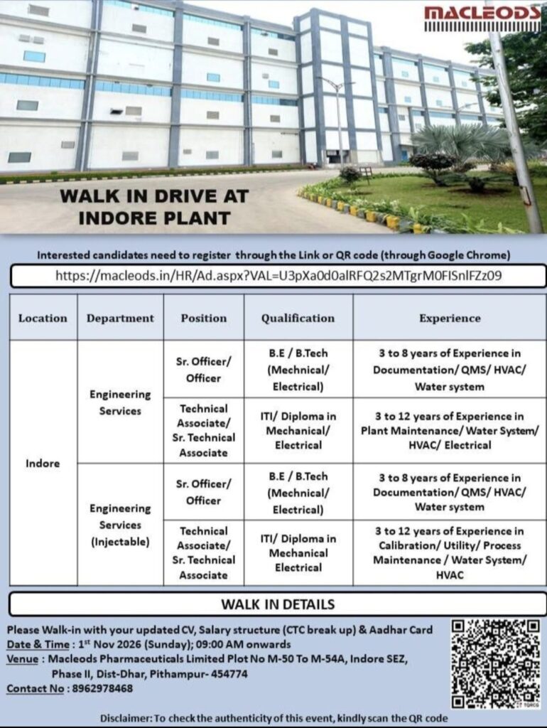 Macleods Pharmaceuticals Recruitment– Walk-In Interview at Indore Plant