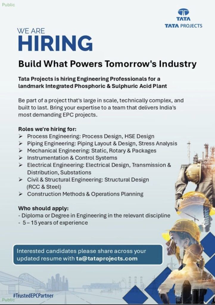 Tata Projects Recruitment: Hiring Engineering Professionals for Integrated Phosphoric & Sulphuric Acid Plant Project