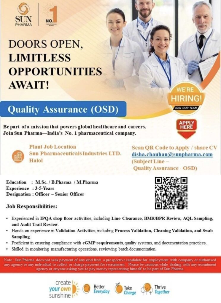 Sun Pharma Recruitment– Quality Assurance (OSD)