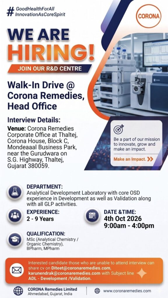 Corona Remedies Walk-In Interview