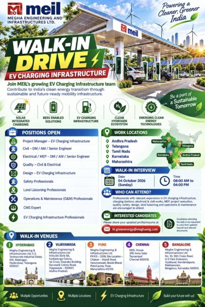 MEIL Walk-In Drive for EV Charging Infrastructure | Multiple Engineering Vacancies Across India