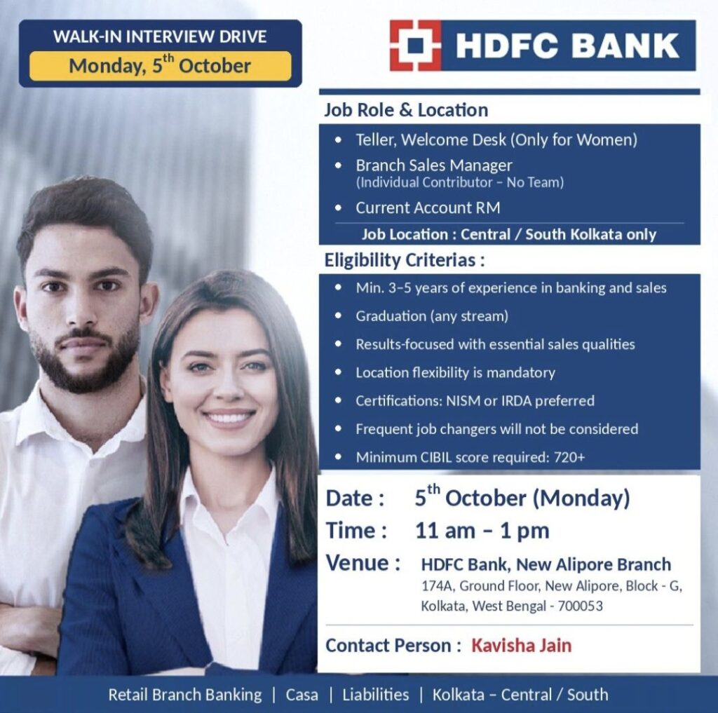 HDFC Bank Walk-In Interview– Teller, Welcome Desk, Branch Sales Manager & Current Account RM Jobs in Kolkata