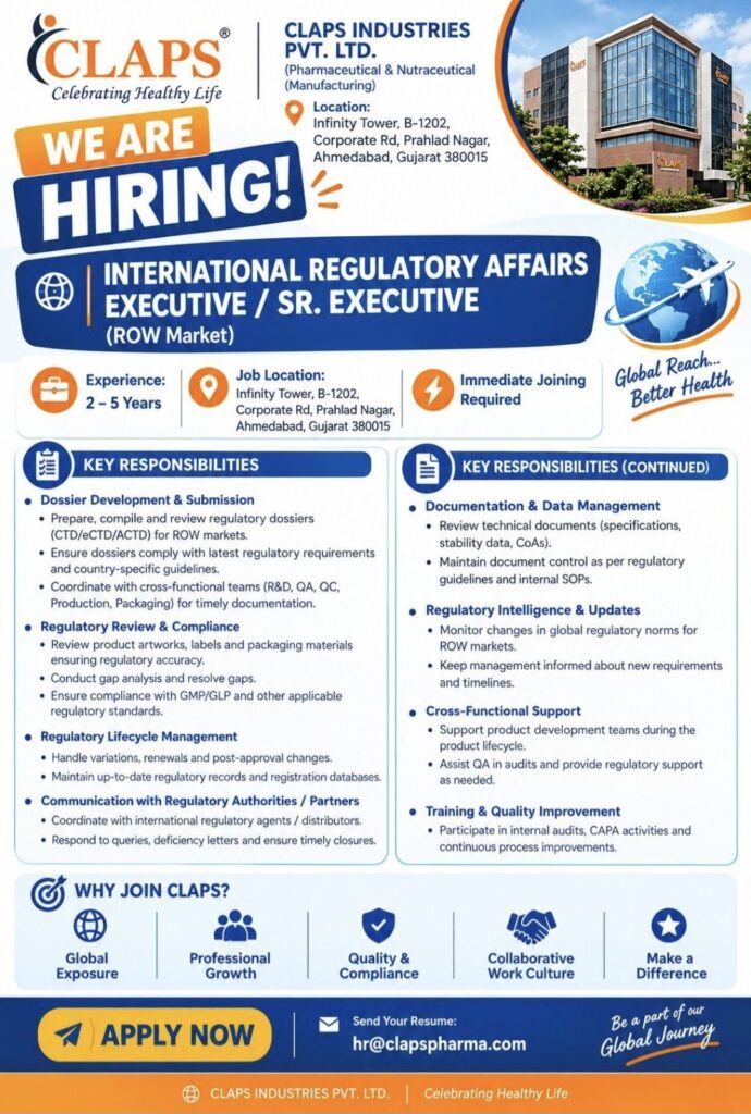 CLAPS Industries Pvt. Ltd. Hiring International Regulatory Affairs Executive / Sr. Executive (ROW Market)