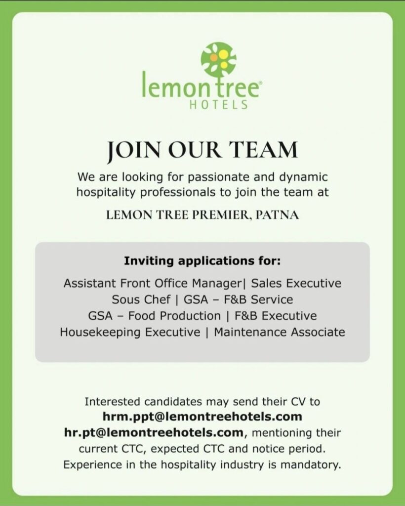 Lemon Tree Hotels Recruitment– Multiple Hospitality Job Openings at Lemon Tree Premier, Patna