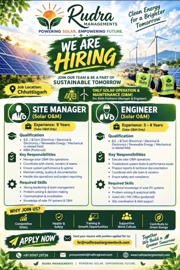 Rudra Managements Hiring– Solar O&M Site Manager and Engineer Jobs in Chhattisgarh