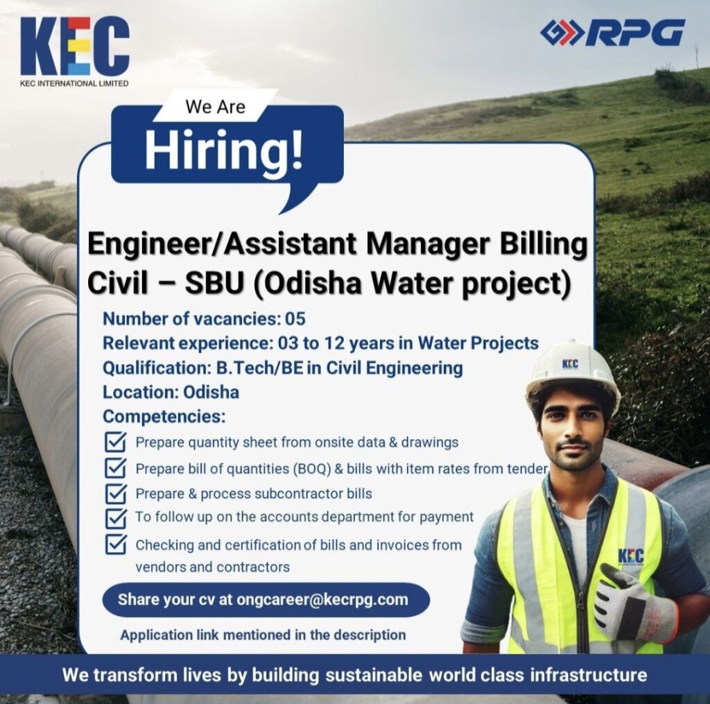 KEC International Recruitment| Engineer / Assistant Manager Billing – Civil